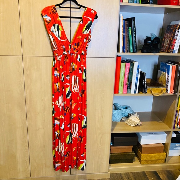 Silk beach maxi dress w/ deep V, slit to waist - Picture 2 of 7